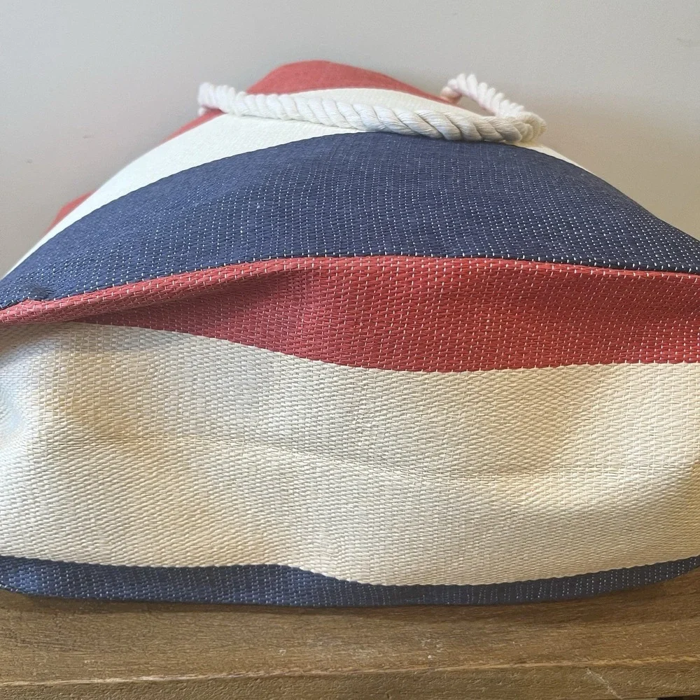 Large Nautical Beach Tote Pool Bag Rope Handles Red White Blue Coastal Vacation